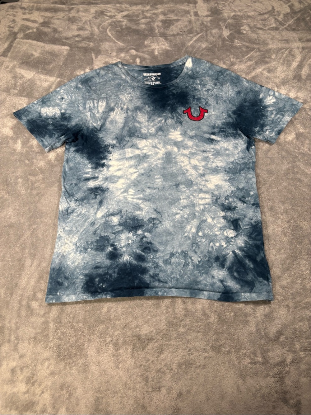 True Religion Men’s Blue & White Tie-Dye Logo Tee with Red Emblem